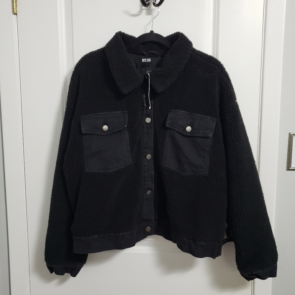 STOOSH Black Sherpa Teddy Denim Trim Coat Jacket